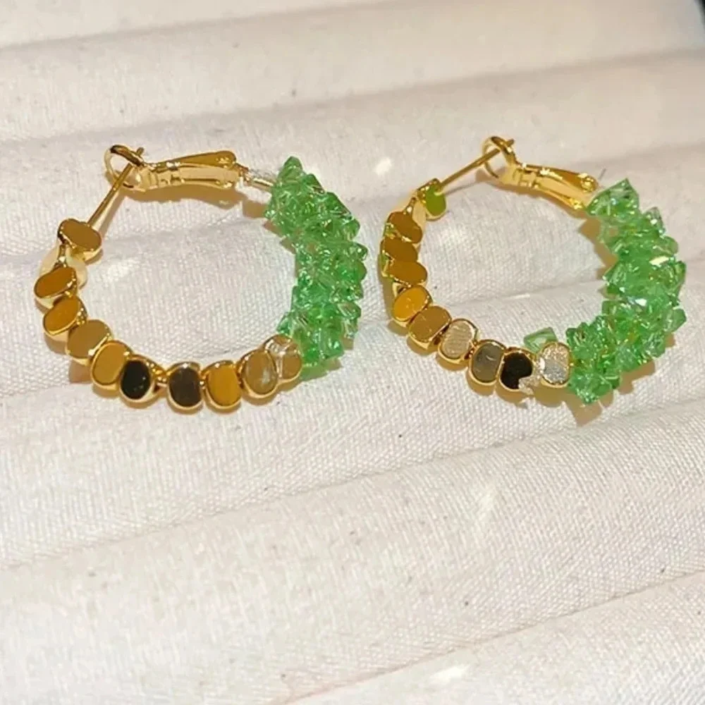 New! Retro Style Copper Crystal Hematite Earrings Green & Gold Huggie